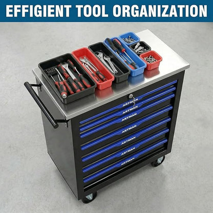 7-Drawer Rolling Tool Chest with Stainless Steel Worktop,Tool Chest with Secure Locking System,Mobile Storage Tool Cabinet with 360°Wheels and Padded Feet,for Home,Garage (Black+Blue)