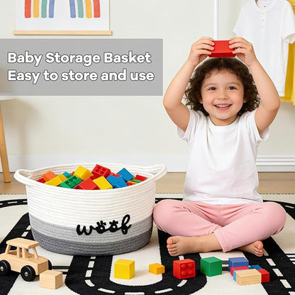 Dog Toy Basket Cute Basket for Baby, Woven Basket Toy Box and Bin for Pet Cat, 15" X 10" X 9" (22L) Large Rope Basket for Blanket Storage, Living Room, Bedroom, White Gray