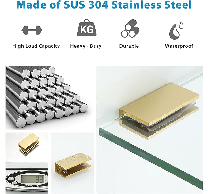 Alise Glass Shelf Brackets 2Pcs, Adjustable Shower Glass Clamps, Heavy Duty Clamp Holder, SUS304 Stainless Steel Brackets for 8-12mm Shower Shelf Bracket and Wall-to-Panel Connection, Gold Finish