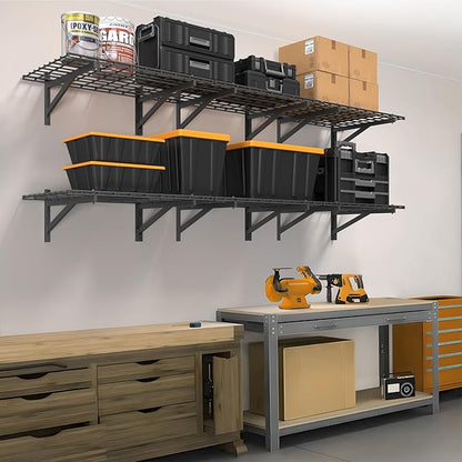 4 Pack Heavy Duty Garage Wall Shelving Set (2x3ft), Wall Mounted Garage Shelves 1400lbs Capacity, 24"x72" Shelf Storage Rack Floating Shelves, Black