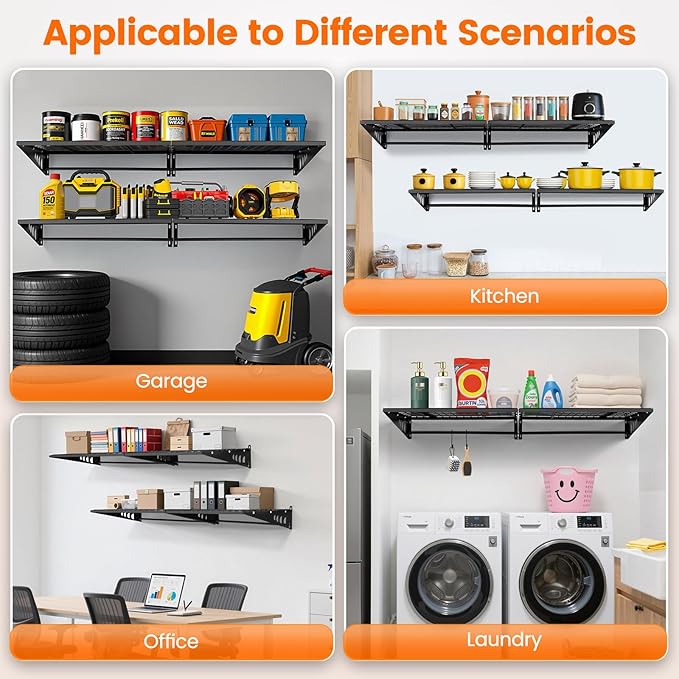 Garage Shelving 2x3ft 4-Pack, Garage Storage Rack 24"x36" Metal Shelves Black Wall Mounted with rods & 6 Hooks, Heavy Duty Wall Shelving Floating Shelves, 1200lbs Total load Capacity