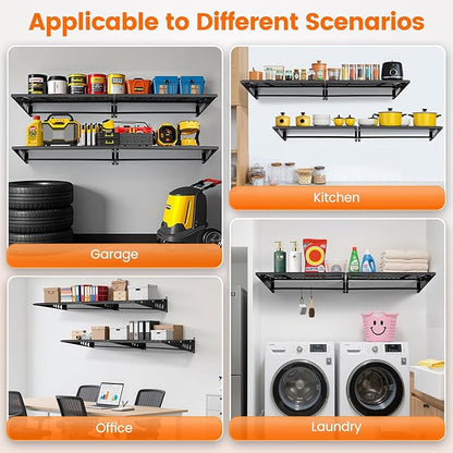 Garage Shelving 2x3ft 4-Pack, Garage Storage Rack 24"x36" Metal Shelves Black Wall Mounted with rods & 6 Hooks, Heavy Duty Wall Shelving Floating Shelves, 1200lbs Total load Capacity