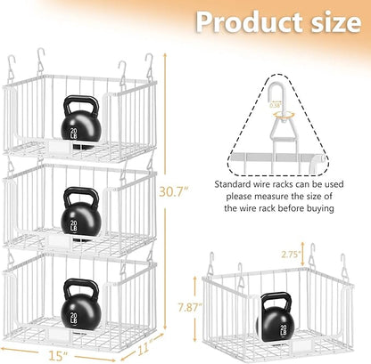 3-Pack Hanging Laundry Organizer, Stackable Wire Shelf Storage with Label Cards, Foldable Metal Baskets with 360 Rotating Hooks, Space-Saving for Laundry Room, Closet & Pantry, 11"15" Large, White