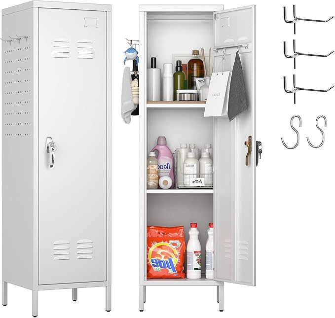 Lockable Metal Lockers with Handle,Metal Storage Locker with 2 Pegboard & 5 Hooks for Home,Office,School,White,Required Assembly,White