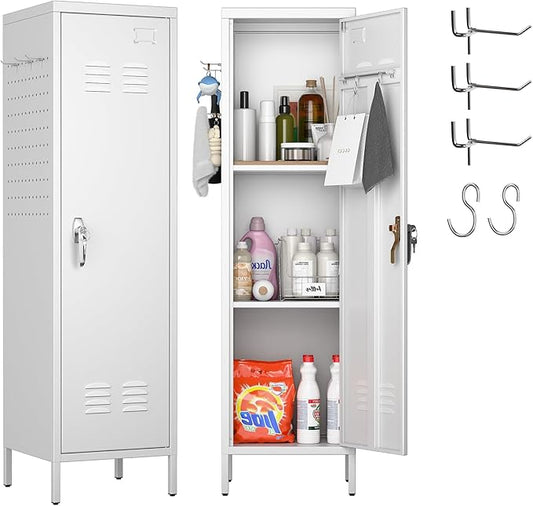 Lockable Metal Lockers with Handle,Metal Storage Locker with 2 Pegboard & 5 Hooks for Home,Office,School,White,Required Assembly,White