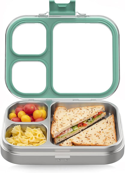 Stainless Steel Lunch Box: Metal Bento Box for Kids Adults - 3 Compartments Leak-Proof Lunch Box, Green