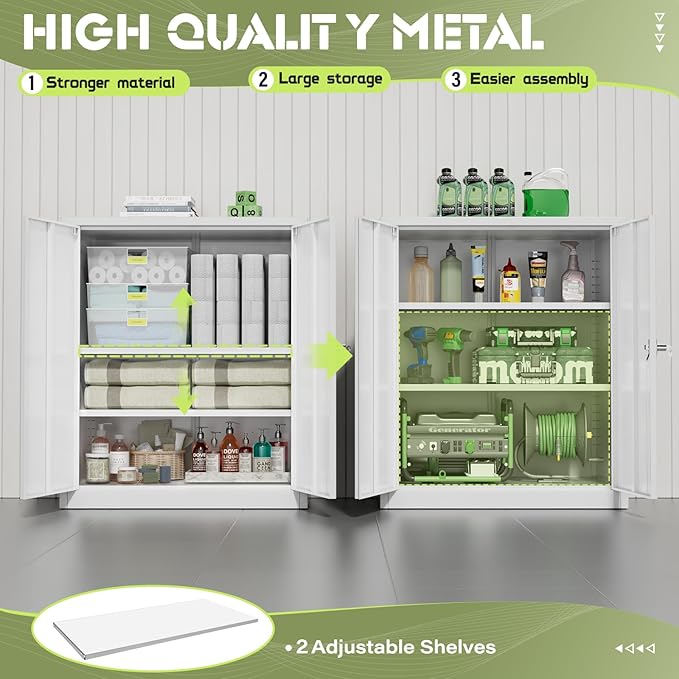 Oakcloud Metal Storage Cabinet Tool Organizer, 36" Lockable Garage Storage Tool Cabinets with 2 Doors and 2 Adjustable Shelves, Locking File Cabinet for Office, Home, School (36“-White)