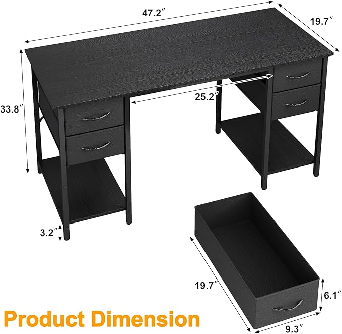 Grandder Computer Desk with 4 Drawers, 47 Inch Office Desk with Storage, Gaming Desk with CPU Shelves, Writing Desk Work Desk for Home Office, Study, Bedroom, Work from Home, Black