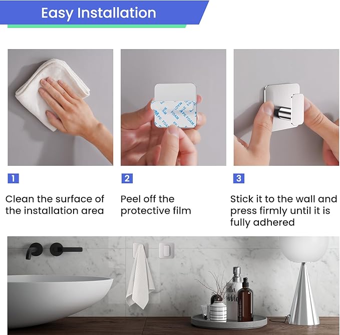 Silver Hooks for Hanging Heavy Duty, Adhesive Hooks for Shower, Bathroom, Kitchen, Robe, Towel, Coat, Waterproof & Rustproof Hook for Walls No Damage, Sticky Wall Towel Hooks - 6 Pack