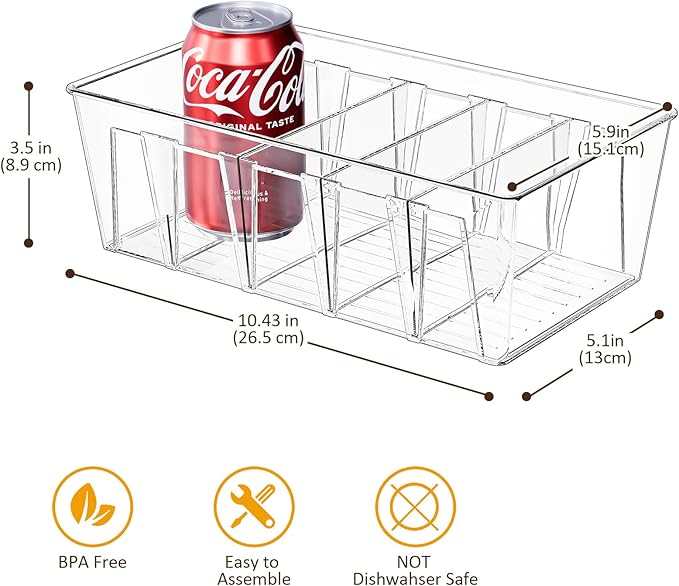 Puricon 2 Pack Pantry Organization and Storage Bins for Kitchen Fridge Countertop Cabinet, Stackable Clear Plastic Storage Racks with Removable Dividers, 5 Compartments for Snacks Packets Spices