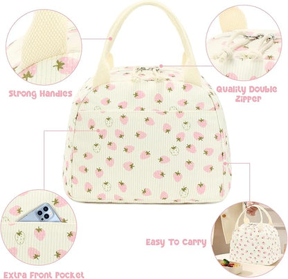 Bluboon Lunch Bag for Women Men Cute Corduroy Lunch Tote Bags Reusable Insulated Lunch Box Large Capacity Reusable Insulated Cooler for Work Picnic or Travel (Beige strawberry)