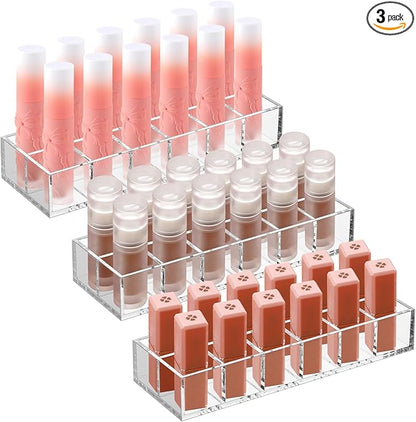 Kigley 3 Pcs Clear Lipstick Organizer Acrylic Lip Gloss Holder Cosmetic Storage Lipstick Display Case for Women Perfume Sample Drawer Brushes Bottles Birthday Gift(12 Grid)