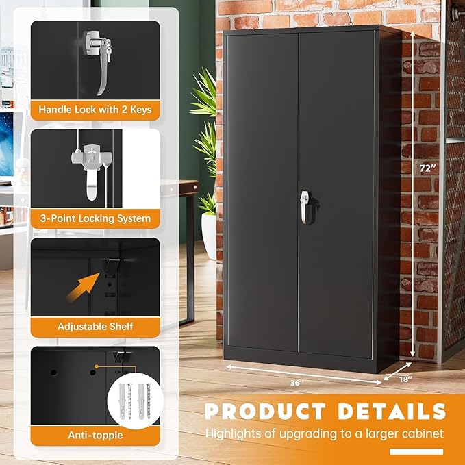 Bonusall 72" Storage Cabinet,Heavy-Duty Steel Cabinet with 2 Locking Doors & 4 Adjustable Shelves for Home, Office, or Workshop Organization(Black)