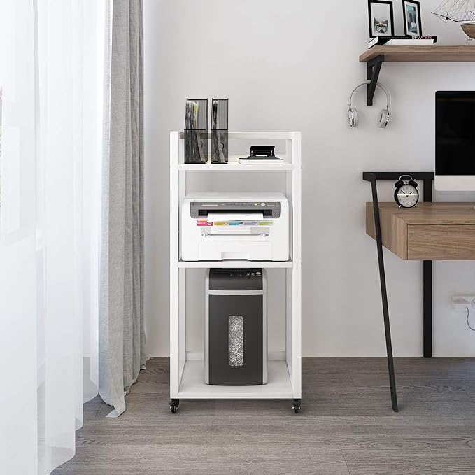 Natwind 3-Tier Movable Printer Stand Floor-Standing Desk Side Shredder Stand Computer Host Holder Adjustable Storage Shelf Rack on Wheels for Fax Scanner File Book (White)