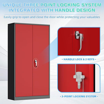 Bonusall Metal Garage Cabinets with 2 Doors and 4 Shelves, Locking Cabinet with for Tool，Steel Garage Storage Cabinets for Home Office, Warehouse，School(Black Red)