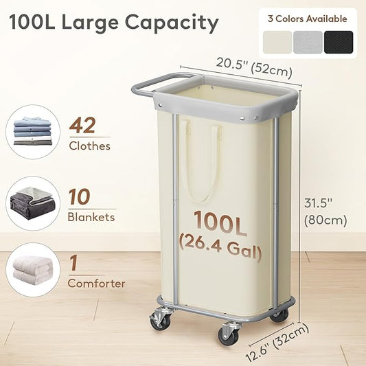 Lifewit 100L Large Laundry Basket with Wheels, Tall 1 Section Laundry Hamper Organizer, Rolling Laundry Cart with Steel Frame & Removable Bag for Luandry Room Bathroom Bedroom, White