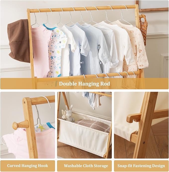 Kids Clothing Rrack- Kids Dress Up Rack for Little Girls, Bamboo Kids Clothes Rack-Feat FSC-Certified wood, Toddler Dress Up Storage Rack & Folding Costume Rack, Pets Clothes Rack, Natural