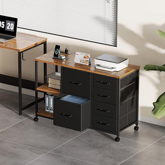 6 Drawer File Cabinet with Charging Station Rolling Printer Stand with Open Storage Shelf Fabric Lateral Filing Cabinet for Home Office,Rustic Brown