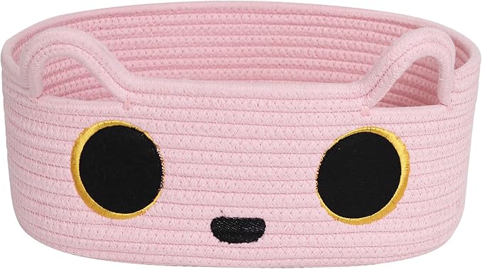 Pink Cat Toy Basket, Small Woven Cat Toy Storage Box with Cute Ears Handle Indoor, Cotton Rope Storage Bin with Embroidered Face for Home Decor, Pet Bed, Baby Nursery Kids Room Organization