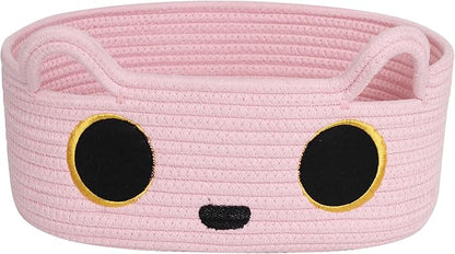 Pink Cat Toy Basket, Small Woven Cat Toy Storage Box with Cute Ears Handle Indoor, Cotton Rope Storage Bin with Embroidered Face for Home Decor, Pet Bed, Baby Nursery Kids Room Organization