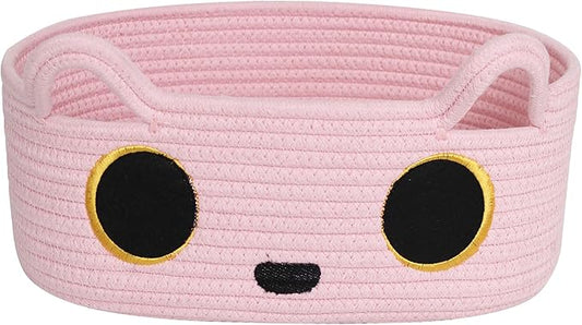 Pink Cat Toy Basket, Small Woven Cat Toy Storage Box with Cute Ears Handle Indoor, Cotton Rope Storage Bin with Embroidered Face for Home Decor, Pet Bed, Baby Nursery Kids Room Organization