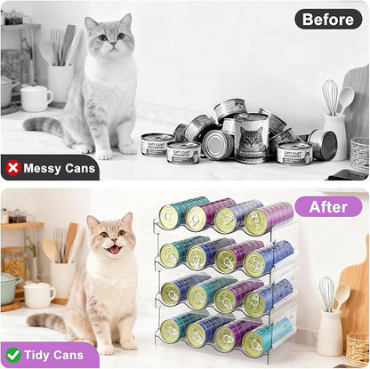Cat Food Can Organizer, Can Organizer for Pantry, Transparent Cat Food Storage Container Holds 96 (3.5oz) Cans, Canned Food Organizer and Storage for Countertop Kitchen Cabinet (4 Tier-4 Layer)