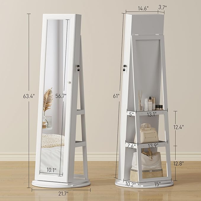 HOMCOM 360° Swivel Jewelry Cabinet, Lockable Jewelry Armoire Organizer with Full-Length Mirror, Back Storage Shelves, Interior Small Mirror, for Bedroom Living Room, White