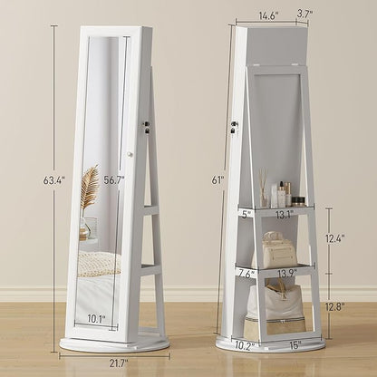 HOMCOM 360° Swivel Jewelry Cabinet, Lockable Jewelry Armoire Organizer with Full-Length Mirror, Back Storage Shelves, Interior Small Mirror, for Bedroom Living Room, White