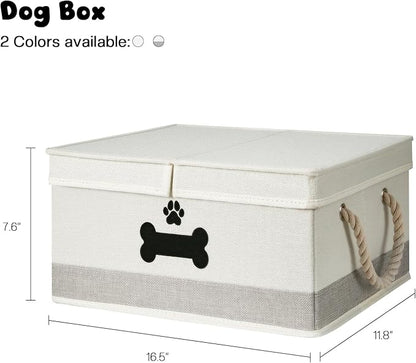 Dog Toy Basket with Double-Open Lid, Divided Dogs Basket for Toys, Collapsible Pet Toys Box, Dog Storage Organizer with 2 Divided Area, Puppy Toy Baskets with Rope Handles, Beige & Gray