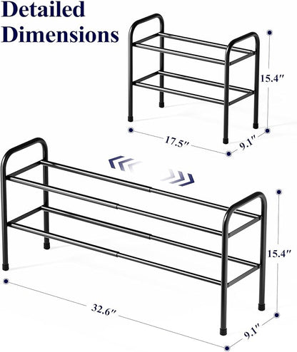 Kitsure Extendable Shoe Rack - 2-Tier Adjustable Metal Shoe Organizer, Sturdy Rust-Resistant Shoe Shelf for Entryway, Closet, or Bedroom, 17.5"–32.6" x 9.1" x 15.4", Black