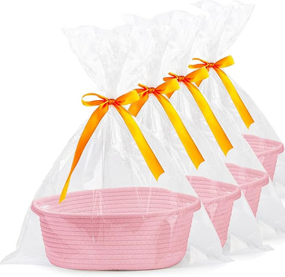 Christmas Baskets for Gifts Empty, Small Woven Basket with Gift Bags & Ribbons, Empty Gift Baskets for Thanksgiving Baby Shower, Cute Nursery Storage Organizer Pet Toy Box 12"X 8" X 5 (Pink, 4 Pack)