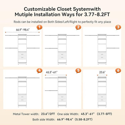 Metal Closet System, 4FT-8FT Closet Organizer System with 4 Expandable Hanging Rods and Metal Tower,79"H Walk in Closet System with 2 Drawers and Shelving,Built in Closet,Wall Mount,White