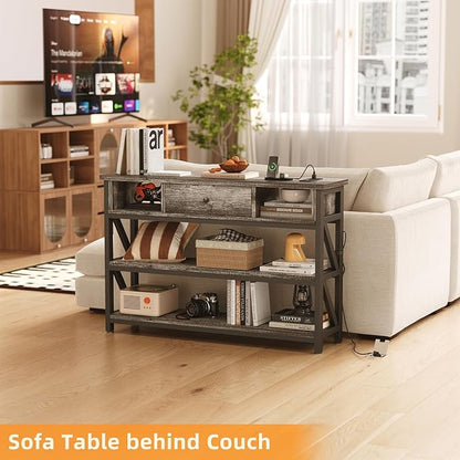 Mexin 39 Inch Console Table with 2 Outlet and 2 USB Ports, Entryway Table with Drawer and Storage Shelves, Narrow Sofa Table for Living Room and Hallway, Grey Oak