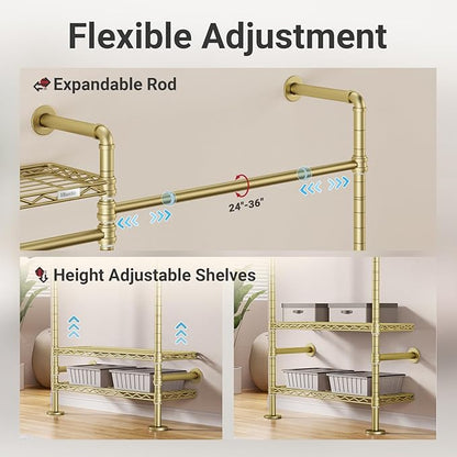 Timate L6 Closet Rack Wall Mount for Corner - Expandable Industrial Pipe Closet System, Heavy Duty Hanging Garment Rack, Closet Organizer Storage Solution for Wardrobe, Bedroom,Walk-in Closets, Gold