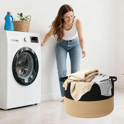 115L Large Blanket Basket,23.6" L x 23.6" W x 15.7" H Rope Woven Baskets with Handles, Toys Storage Bins,Laundry Basket Perfect for Living Room, Nursery,Bedroom,Home Organization,Black&Camel