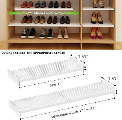 Expandable Closet Tension Shelves, 3 Packs Metal Storage Racks Organizer,DIY Perforated Dividers Separators for Cabinet Wardrobe Cupboard Kitchen (White,7.9" D x 17"-31" W,3PCS)