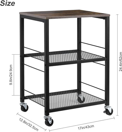 MOOACE Rustic 3 Tier End Table with Wheel,Side Table Nightstand Storage Shelf for Bedroom,Kitchen,Living Room and Office, Stable Metal Frame,Wood Top, Easy Assembly - Brown&Black