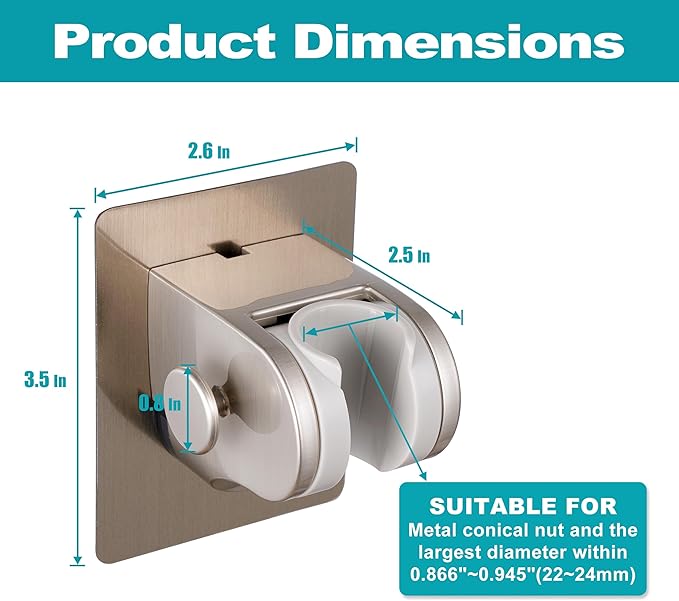Handheld Shower Head Holder with 2 Hanger Hooks,Strong Adhesive&Waterproof No Drilling Wall Mount Shower Bracket for RV and Kids&Elders,Install Any Height&Fix Firmly,Brushed Nickel
