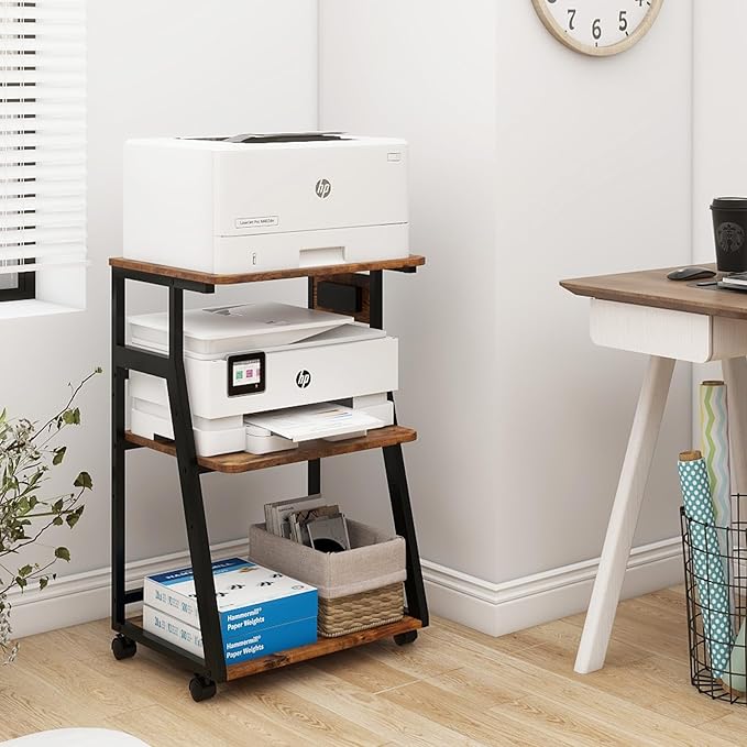 Natwind 19.7"x15.7" Printer Stand,3 Tier Printer Table with Charging Station, Rolling Cart with Adjustable Storage Shelf for Home Office Organization, Stand for Heat Press,3D Printer (Retro)
