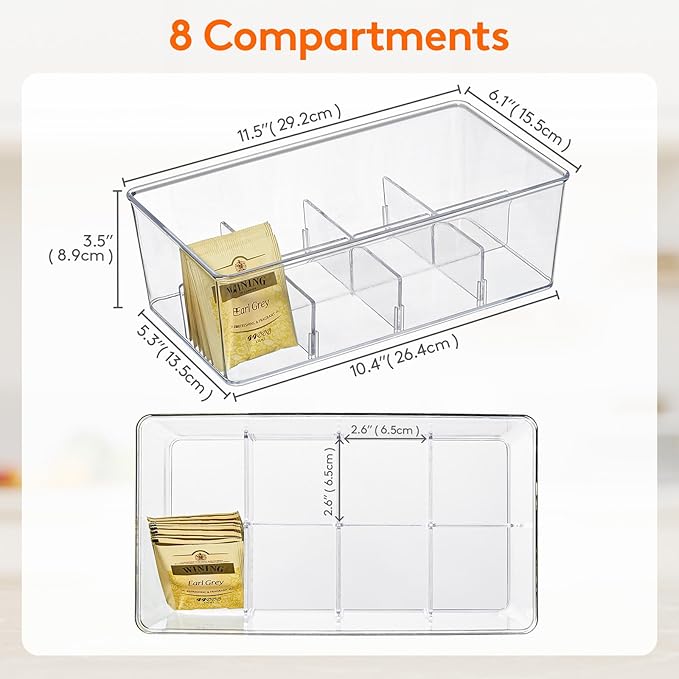 Lifewit Tea Bag Organizer with lids, Plastic Teabag Box with 32 Compartments, Stackable Divided Storage Containers for Cabinet, Pantry, Countertop, Hold Coffee Pods, Sugar Packets, Clear, 4 Pack