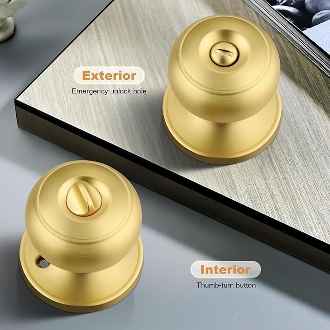 Probrico Brushed Brass Bed/Bath Knobs Keyless Privacy Interior Doors Locksets, Gold Door Knobs 4 Pack