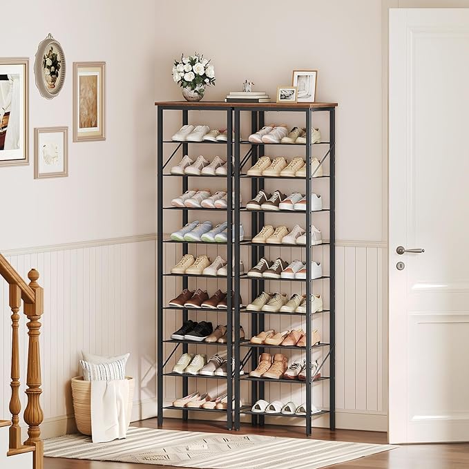 10-Tier Narrow Shoe Rack, Vertical Shoe Storage Organizer, for 12-24 Pairs, Shoe Shelf with Metal Frame, for Hallway, Entryway, Living Room, Rustic Brown and Black SRHR11401