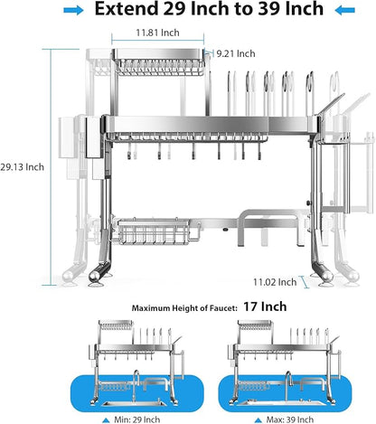 Over Sink Dish Drying Rack, Upgrade 2.5-Tier 304 Stainless Steel Dish Rack Adjustable Length with Pots and Pans Rack, Modern Over The Sink Dish Drainer Rack for Kitchen Storage Counter Organizer