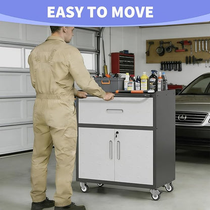 Metal Garage Storage Cabinet on Wheels, Lockable Rolling Tool Cabinet with Drawer and Shelves, Heavy Duty Mobile Steel Cabinet for Garage Warehouse Workshop