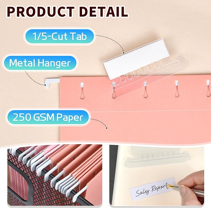 25-Pack Pastel Hanging File Folders, Letter Size with 1/5-Cut Tabs, 35 Transparent Label Cards, 50 Sticker Labels–Home Office & Filing Cabinets