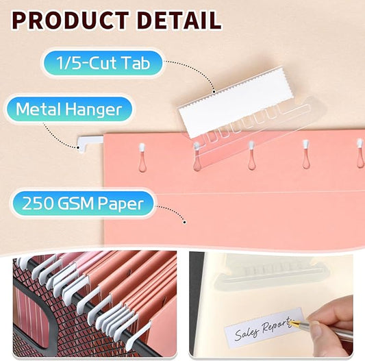 25-Pack Pastel Hanging File Folders, Letter Size with 1/5-Cut Tabs, 35 Transparent Label Cards, 50 Sticker Labels–Home Office & Filing Cabinets