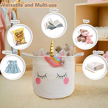 Large Unicorn Woven Basket with Handles - Toy Storage Bin, Baby Gift & Animal Nursery & Cute Laundry Basket, for Clothes, Towels, Toys (Unicorn)
