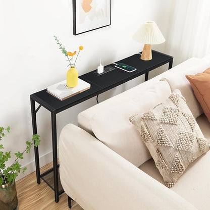 Sofa Table with Power Outlet, 43.7" Console Table with USB Ports, Behind Couch Table, Entryway Table for Living Room, Entryway, Foyer, Metal Frame, Adjustable Feet, Black CTHB11E01N1