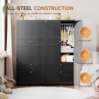 Letaya Metal Wardrobe Cabinets with 2 Drawers,71" Tall Armoire Wardrobe Closet with Doors and Shelves,Large Coat Closet Cabinet with Hanging Rod,Clothing Storage Cabinets for Bedroom,Home Office