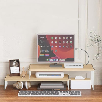 YGYQZ Adjustable Monitor Stand Riser with Acrylic Legs丨19.3" Length Dual Monitor Stand for Desk丨2-Tier Wood Desktop Organizer for Computer, Laptop, Printer & PC丨Modern Aesthetic Desk Shelf(wood-wavy)